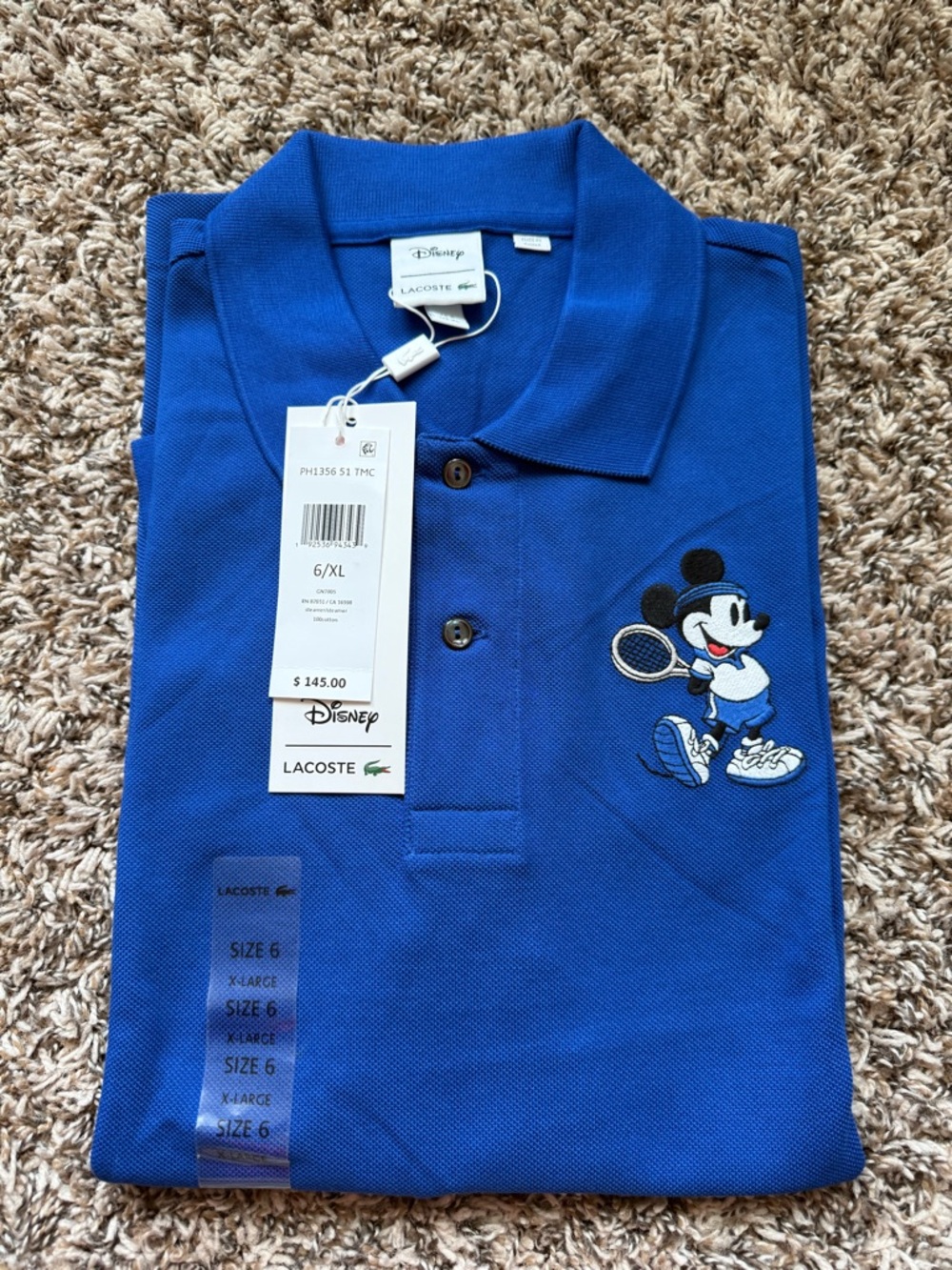 NWT Men’s Lacoste Blue Polo with Mickey Tennis Embroidery | Size 6/ XL